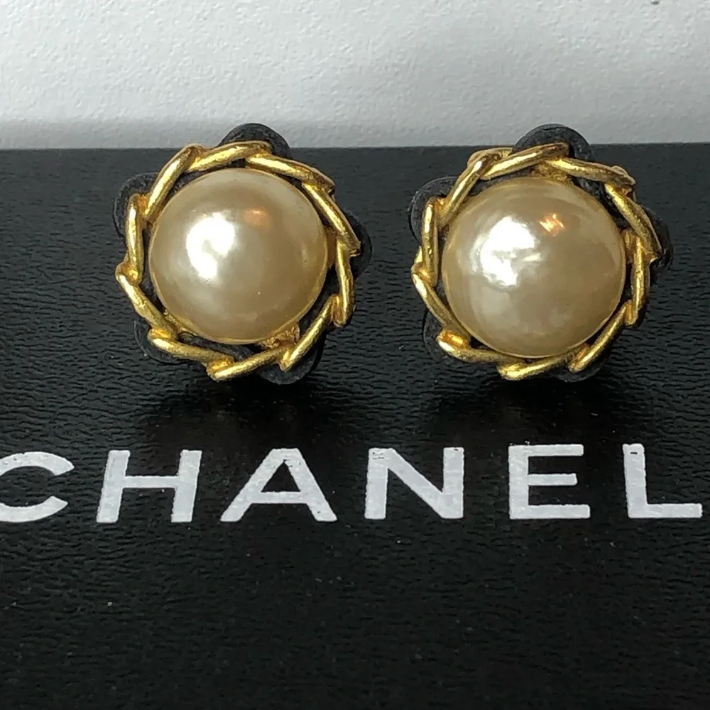 CHANEL Gold and Black Leather Wrapped Pearl Statement Earrings w/ Box